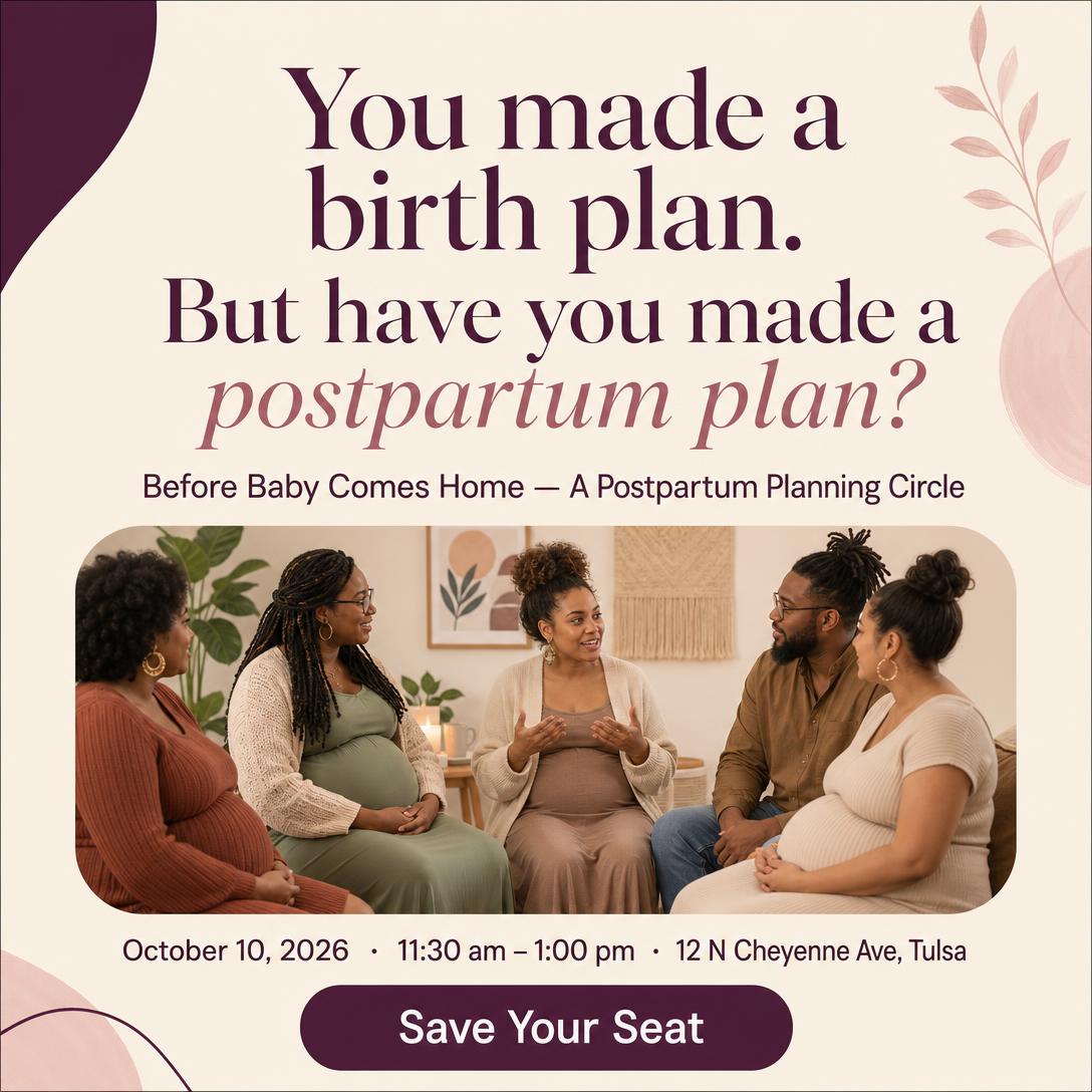 Promotional graphic for Before Baby Comes Home, a postpartum planning circle on October 10, 2026 in Tulsa